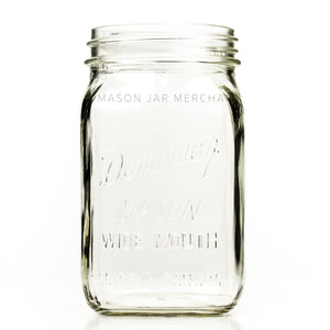 Wide mouth quart mason jar with Dominion wide mouth Mason logo, against a white background 