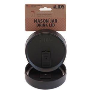 Black reusable drink lid for a mason jar against a white background 