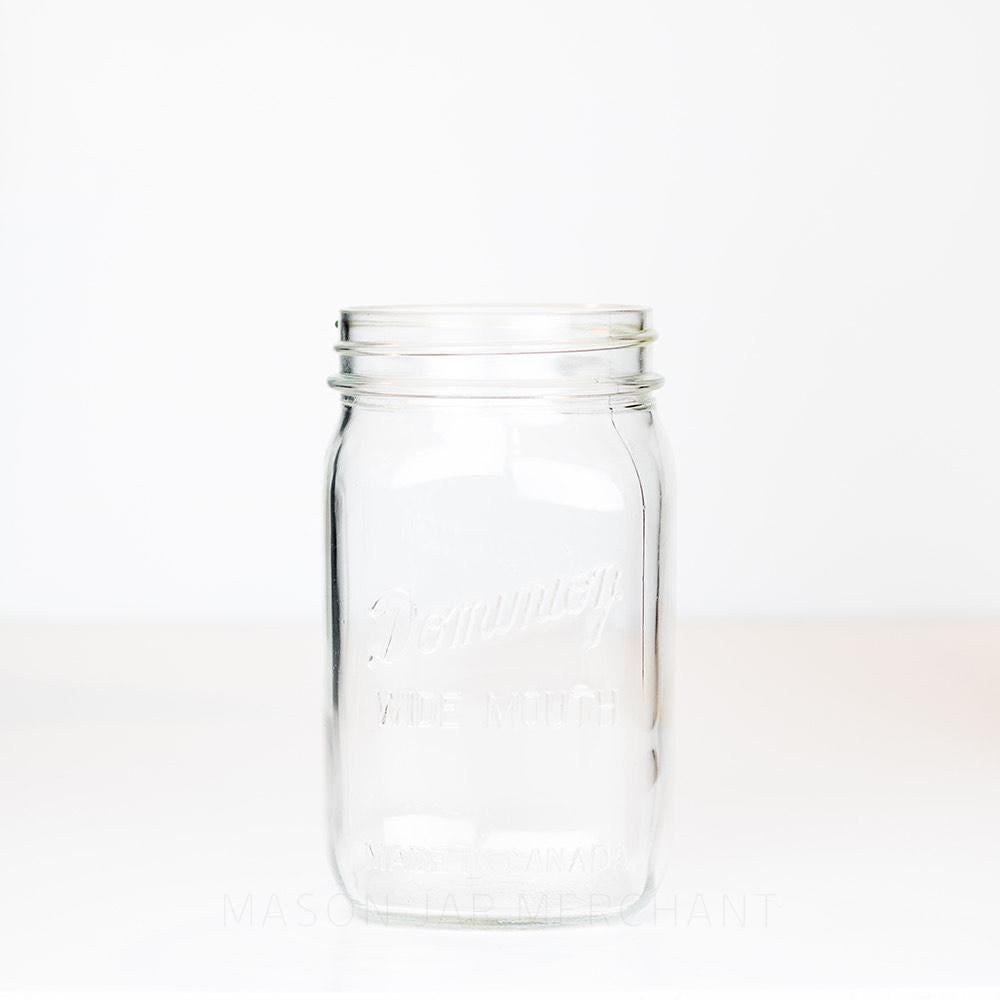 Wide mouth quart mason jar with Dominion Wide Mouth logo on a white background 