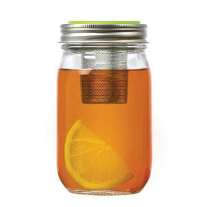 Jarware Mason Jar Tea Infuser Lid shown on a regular mouth mason jar with tea and lemon on a white background.